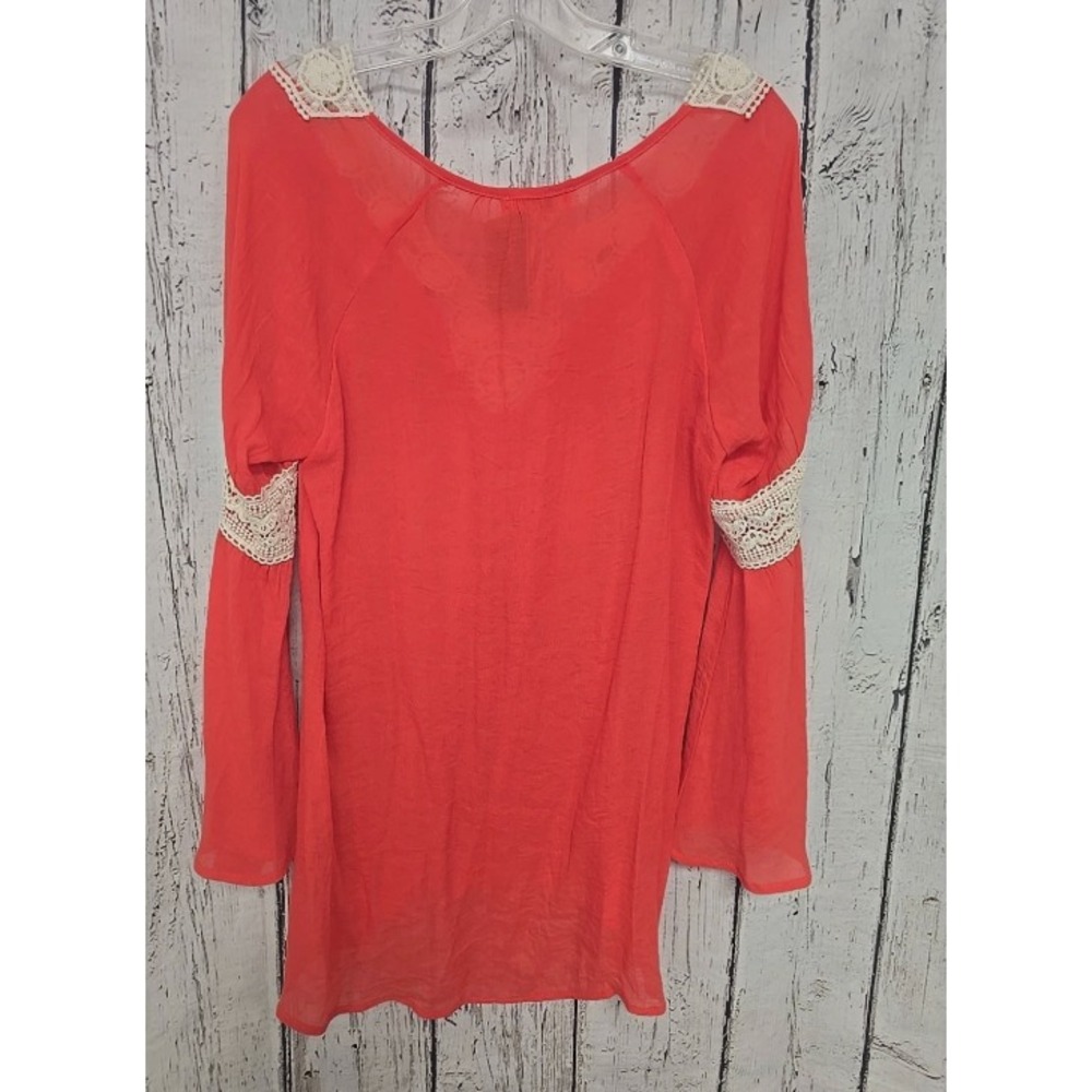 Umgee Size L Women's NWT Boho Bell Sleeve Dark Peach White Lagenlook V-Neck Top - Picture 6 of 10